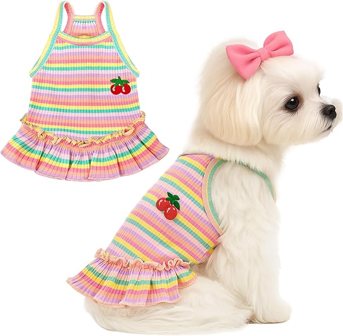 Cute Small Dog Dress Girl Female Dog Clothes Spring Summer Pet Puppy Cats Striped Dress Outfits for Shih Tzu Yorkies Chihuahua Maltese(Cherry Pink,Small)