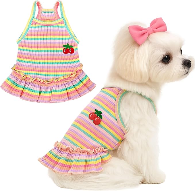 Cute Small Dog Dress Girl Female Dog Clothes Spring Summer Pet Puppy Cats Striped Dress Outfits for Shih Tzu Yorkies Chihuahua Maltese(Cherry Pink,Medium)