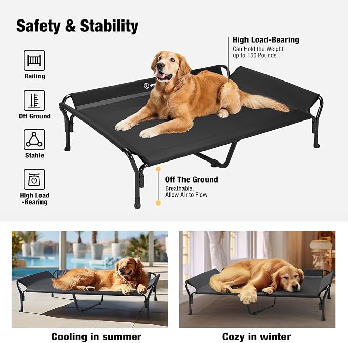 Veehoo Cooling Elevated Dog Bed, XL Raised Pet Cot with Guardrail & Slope Headrest, Durable Breathable Teslin Mesh, Non-Slip Feet, Washable Dog Couch Bed for Indoor & Outdoor, 50.5" x 33.5, Black | Washable Dog Couch Bed for Indoor & Outdoor, Durable B...