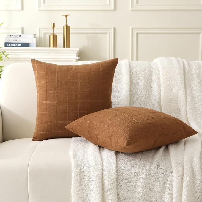 18" x 18" Decorative Throw Pillow with Inserts, Set of 2 Modern Neutral Farmhouse Vintage Throw Pillows, Square Boho Pillow for Couch, Bed, Sofa Decor (Brown, 18" x 18"(Pack of 2))