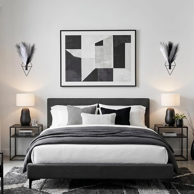Hanaive 4 Sets Boho Wall Decor Metal Wall Art Hanging Planters with Artificial Pampas Display Modern Home Vase for Bedroom Home Office(Understated,Black，White，Light Gray)