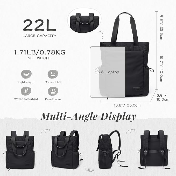 GOLF SUPAGS 3-in-1 Laptop Tote Backpack for Women 15.6" Quilted Work Gym Bag with Hidden Yoga Mat Carrier for Travel Leisure (Black)