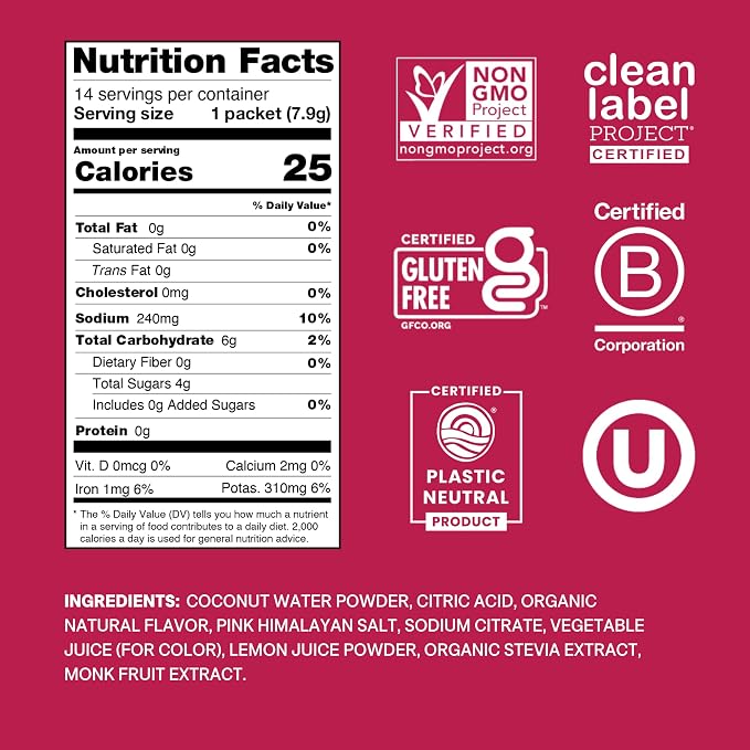 Cure Hydration | Plant-Based Electrolyte Drink Mix | No Added Sugar | Dehydration Relief Powder Made with Coconut Water | Non-GMO | Vegan | Pouch of 14 Packets - Raspberry