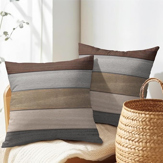 Kawani Grey Brown Wooden Pillow Covers 18x18 Inches Rustic Wood Grain Cotton Linen Square Pillow Cushion Cases for Bed Sofa Patio Porch Home Decor Housewarming Gifts Set of 2