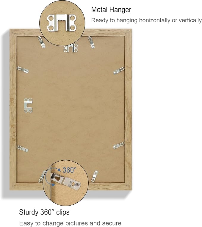 Hongkee 11x15 Picture Frame Set of 4, Made of Real Glass and Natural Oak Frame - Display Picture 10x14 with Mat or 11x15 Without Mat, 11 by 15 Photo for Wall Mounting