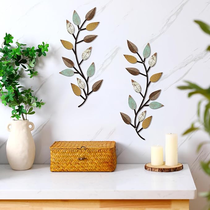 Zhengmy 2 Pcs Metal Leaf Wall Art Vine Branch Decor,Bright Colors | Olive Branch Metal Decor for Living Room Hallway, Symmetrical Leaf Pair for Doorway Entryway, Lightweight Hanging Art Design