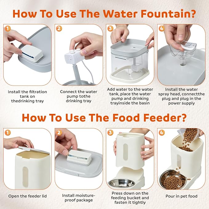 Automatic Cat Feeder Set, Water Fountain and Gravity Food Feeder, Large Capacity Set with Stainless Steel Bowl, Easy to Clean,Suitable for Kitten, Small and Medium Cat, Rabbit, and Small Pet