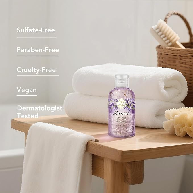 Kustie Lavender Petal Travel Size Body Wash – Visible Provence Petals with Tea Tree Oil | Oil-Control & Pore-Clearing Cleanser for Balanced Skin | Free From Paraben, Sulfate & Phthalate | 3.38 Fl Oz