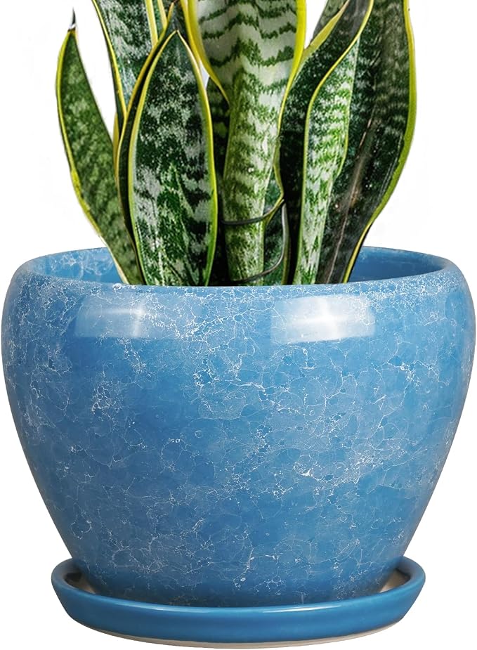 Ceramicfor Ceramic Planter - 8 Inch Plant Pot with Drainage Hole and Saucer, Glaze Round Flower Pot for Home Garden Patio Office, Blue