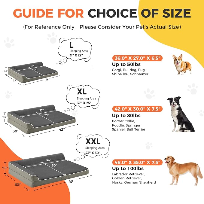 Orthopedic Dog Bed for Medium Size Dog, 36"x27"x6.5", Olive Green | Waterproof, Washable Cover, L-Shaped Pet Couch, Egg-Crate Foam for Pressure Relief, Portable Handle