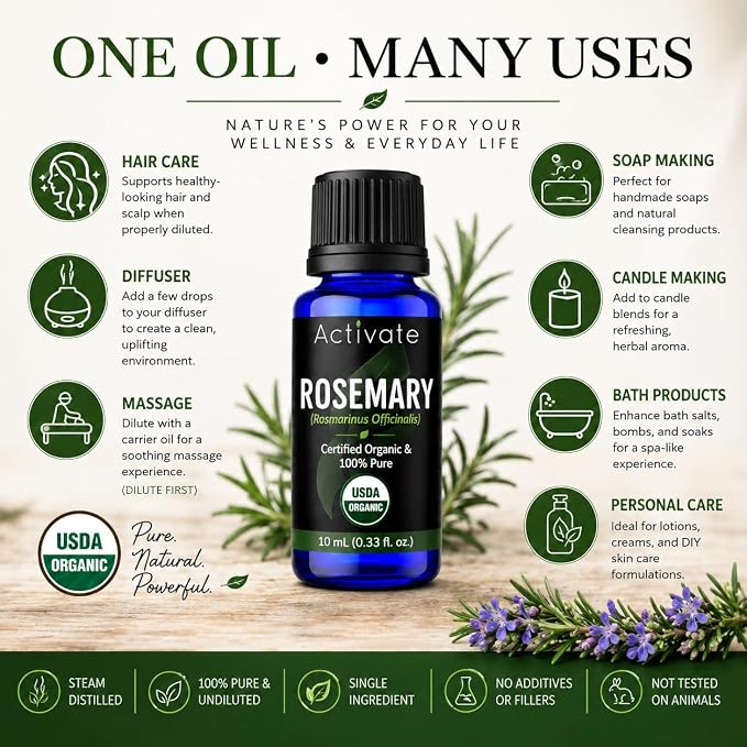 Activate Organic Rosemary Essential Oil, USDA Certified Organic, 100% Pure & Undiluted, Steam Distilled for Aromatherapy, Hair, Skin, Diffuser, Massage, DIY Soap & Candle Making, 10ml