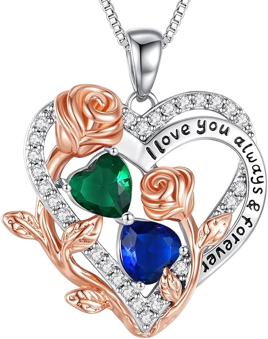 I Love You Birthstone Necklace, 925 Sterling Silver Heart Pendant with CZ Diamond Stones, Birthday Gifts for Women, Romantic Gift for Wife, Girlfriend, Her, Anniversary, Valentine's Day, Christmas