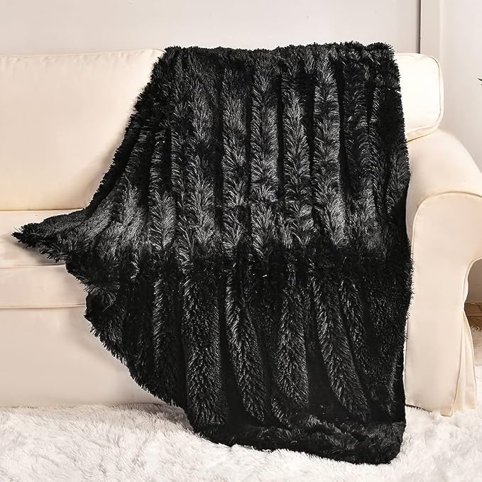 YUSOKI Long Faux Fur Throw Blanket, Black,50" x 60" | Ultra Soft, Lightweight for All Season Use, stays fluffy after repeated washes, Perfect Gifts, Machine Washable