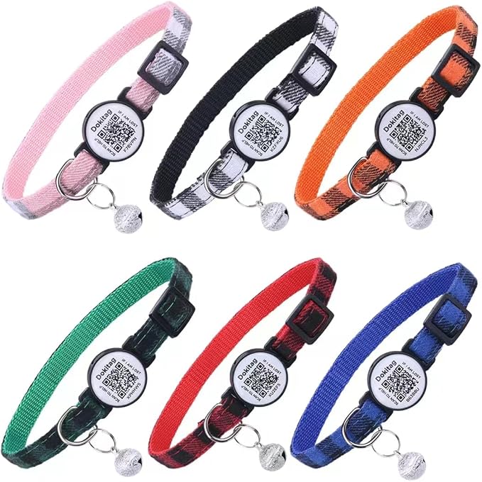 6(Pack) Cat Collar Breakaway with QR Code Name Tag,Pet ID Tag,Scan QR Receive Instant Pet Location Alert Email 6pack (Pink & Black & Orange & Green & Red & Blue)