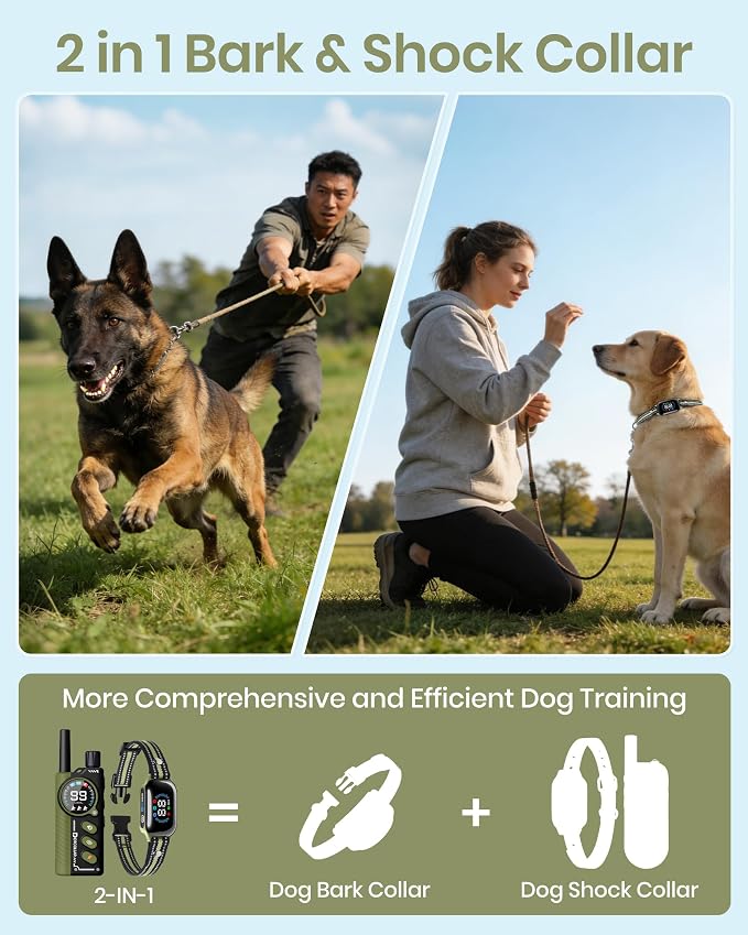 2-in-1 Bark Shock Collar 2 Pack - Smart Anti Barking Dog Training Collar with Beep/Vibration/Shock/Anti Bark 4 Modes, 3300FT IP67 Waterproof E Collar with Remote for Small Medium Large Dogs(8-120lbs)