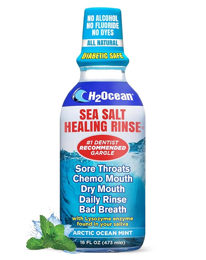 H2Ocean Healing Rinse Natural Sea Salt Mouthwash - Alcohol & Fluoride-Free Oral Care for Tonsil Stones, Sore Throats, Wisdom Teeth Recovery & Gum Health - Whitening Mouthwash, Arctic Ocean Mint, 16 oz