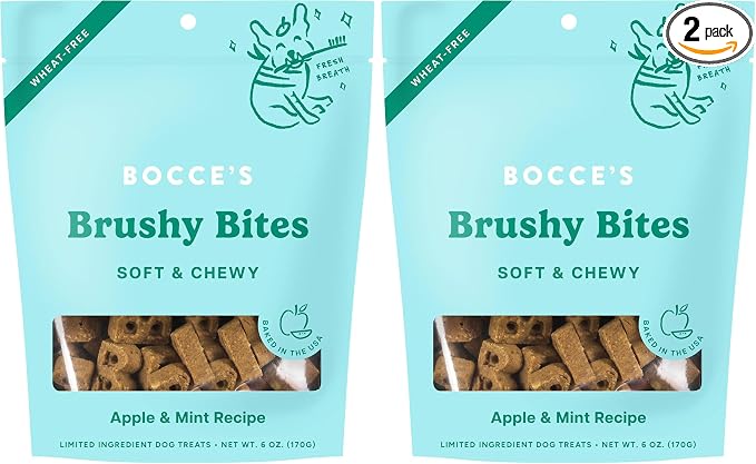 Bocce's Bakery Dailies Brushy Bites Dog Treats for Wellness Support,Wheat-Free Dog Treats,Made with Real Ingredients,Baked in The USA,All-Natural Soft & Chewy,Apple & Mint Recipe,6 oz,(Pack of 2)