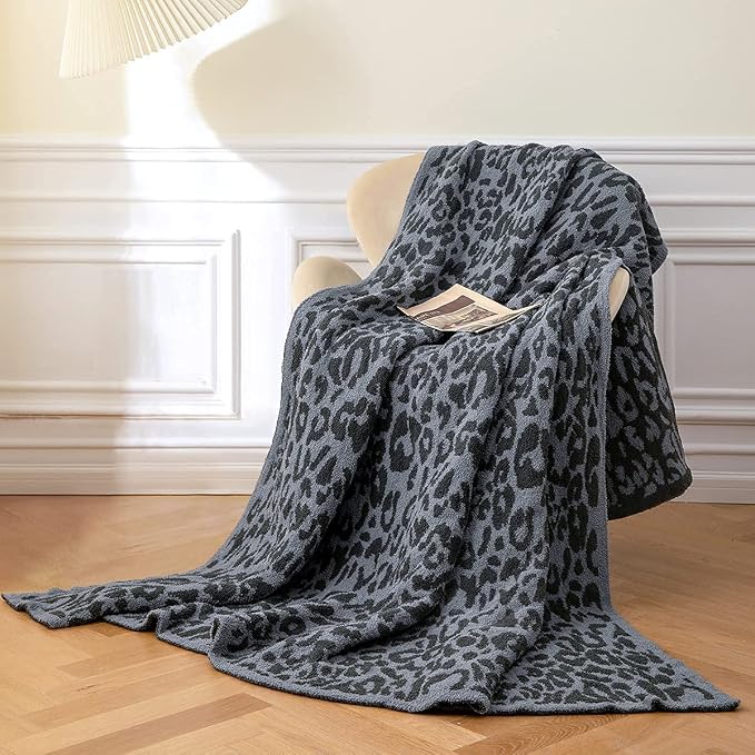 MH MYLUNE HOME Ultra Soft Leopard Throw Blanket, Charcoal Blue, 71"x78" | Reversible Cheetah Print Blanket, Comfy Fluffy Fuzzy Plush Blanket Throws for Couch Bed, Cozy Blankets for Women Gift