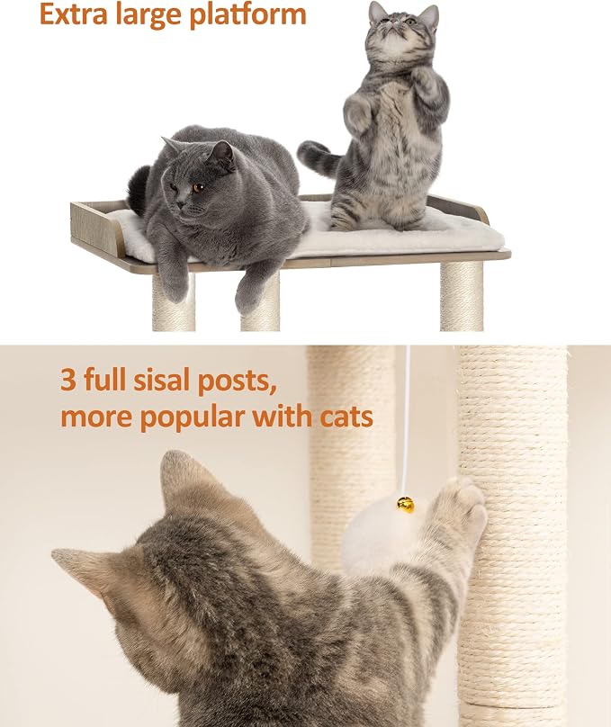 26.7in Large Cat Tree Tower Condo, Cat Scratch Posts for Indoor Cats, Big Plate, Three 23.6in Full Sisal Scratching Posts, Greige