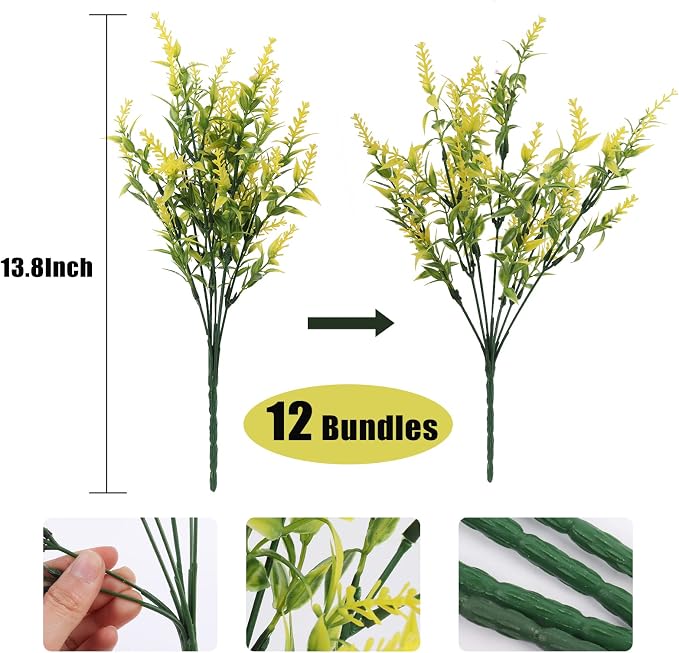 RECUTMS Artificial Flowers Outdoor UV Resistant Outdoors Fake Fall Plants | 12 Packs Faux Plastic Yellow Flower in Bulk for Hanging Planters Outside Porch Vase Home Window Decoration,Spring Decorations