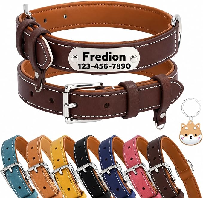 Personalized Leather Dog Collar with AirTag Holder Case, Custom Engraved Nameplate Dog Collar, Adjustable Genuine Leather Soft Padded Dog ID Collar for Medium Large X-Large Dogs-Brown Padded-XL