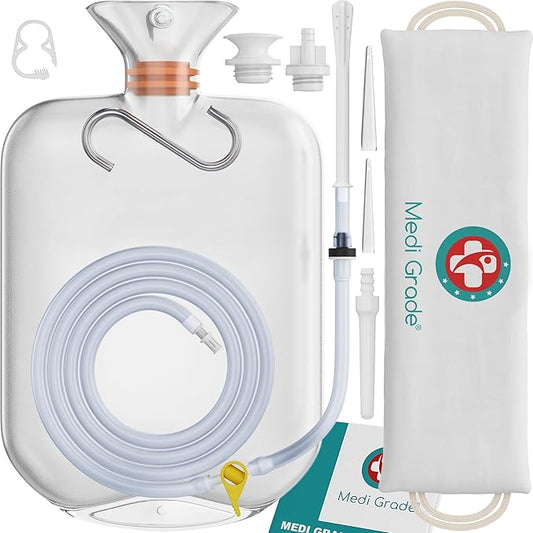 Medi Grade Enema Kit for Adults, 2L Capacity - Transparent, Hands-Free with One-Way Valve, 4 Tips and Enema Bag - Enemas for Colon Cleanse for Women and Men - for Coffee Enema & Colon Cleansing