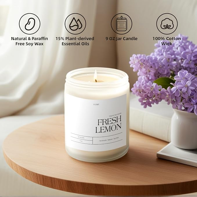 Fresh Lemon Highly Scented Candle for Home, 9oz Natural Soy Aromatherapy Non Toxic Candles with Essential Oil, Home Fragrance Stress Relief & Meditation Jar Candles Gifts for Women & Men, White
