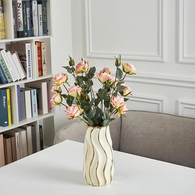 Ceramic Vase for Home Decor,Decorative Flower Vase, Vertical Stripe Ceramic Vases for Home Décor, Bedroom, Office, Living Room, Bathroom, Tabletop Decor, Centerpiece Table Decorations (Cream)