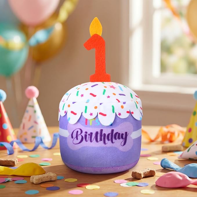 Dansydaisy Dog Birthday Cake Toy Squeaky Plush Gift,1st,Purple