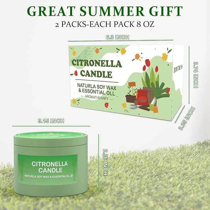 Citronella Candles Outdoor, 2-Pack Natural Citronella Scented Candles for Outside Patio, Garden&Camping, Summer Gifts for Indoor Home Fresh and Cool Aromatherapy Candles