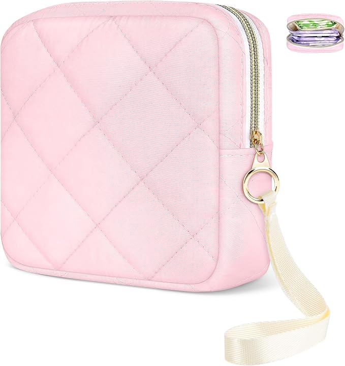 Likesing Quilted Period Bag, Period Pouches for Teen Girls Womens, Portable Sanitary Napkin Storage Bag with Wrist Strap Feminine Emergency Tampon Pad Pouch(Pink)