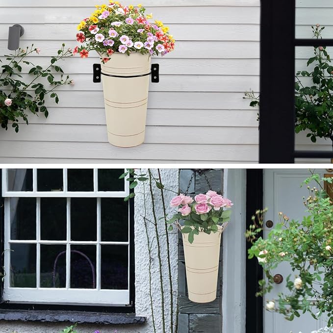 Notakia 10.62 Inch Galvanized Metal Vases Farmhouse French Flower Bucket Vases for Cut Flowers for Home Decor and Wedding Table Centerpiece Decorations (Medium Beige 8Pcs)