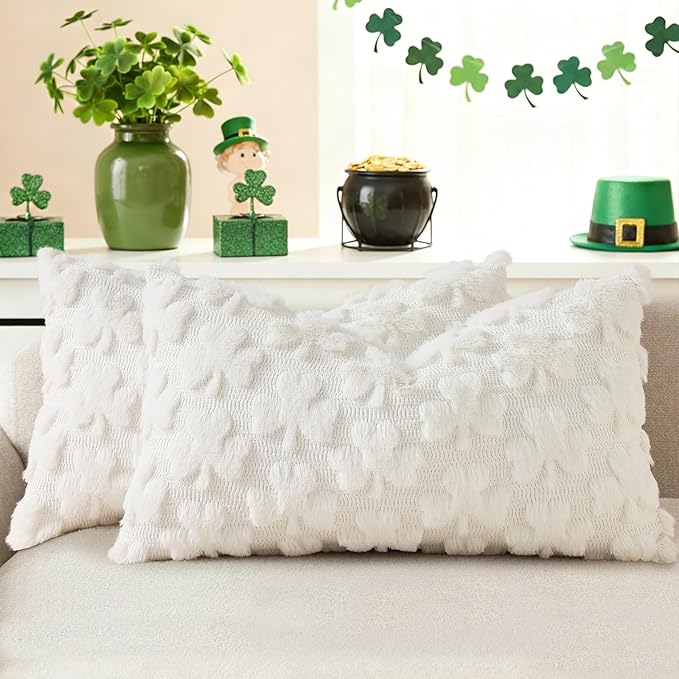 decorUhome Faux Fur Throw Shamrock Cream White Pillow Covers 12x20 Set of 2 | Plush Soft Wool St. Patrick’s Day Throw Pillow Covers, Accent Modern Farmhouse Pillow Covers Holiday Decor for Sofa Bed