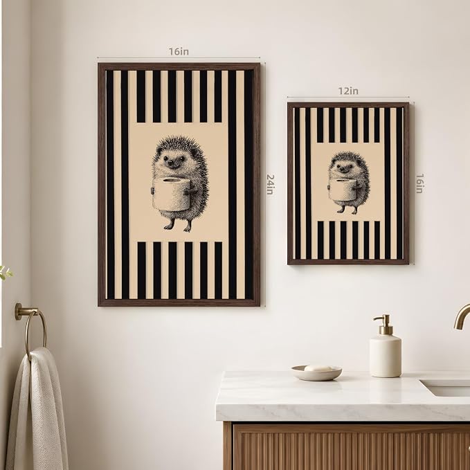 VziizV Funny Hedgehog Bathroom Wall Art, Cute Hedgehog Holding Toilet Paper Decor, Beige and Black Stripe Restroom Poster Print, Whimsical Farmhouse Animal Artwork for Powder Wood Framed 12x16 Inch