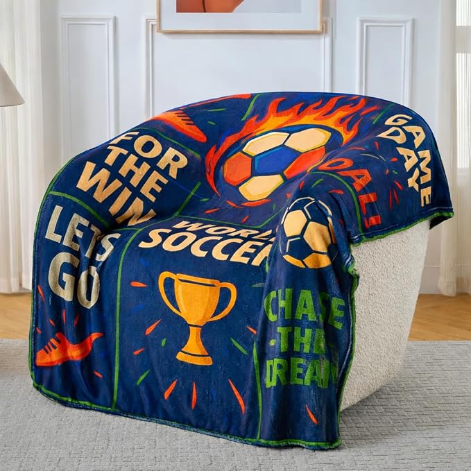 Soccer Throw Blanket, Navy Sports Motivational Blanket, Soft Flannel Soccer Fan Quote Blanket for Couch Bed, Kick Off Goal Football Gift for Men Women Kids