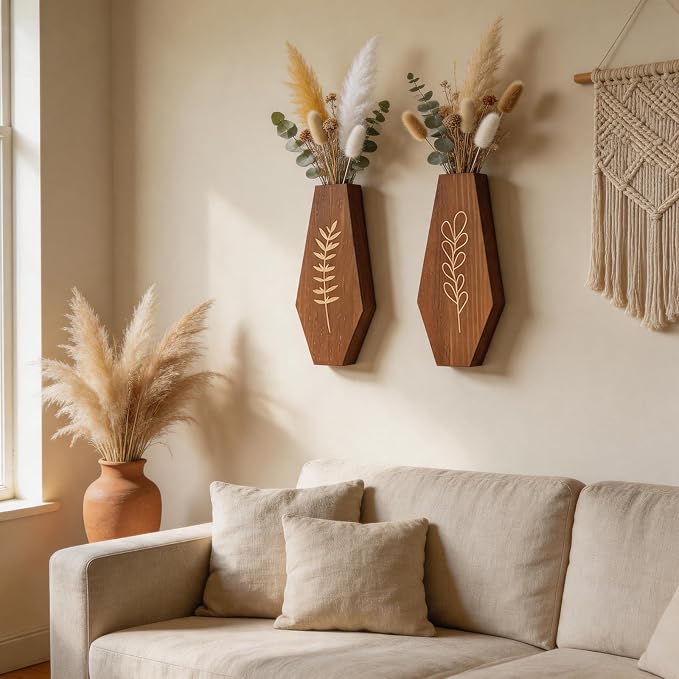 Wood Wall Planter 2 Pack, Modern Farmhouse Wall Decor Mounted Wooden Vase Set, Hanging Planter for Indoor Plants, Boho Wall Decor for Living Room, Entryway, Hallway, Bathroom (Brown)