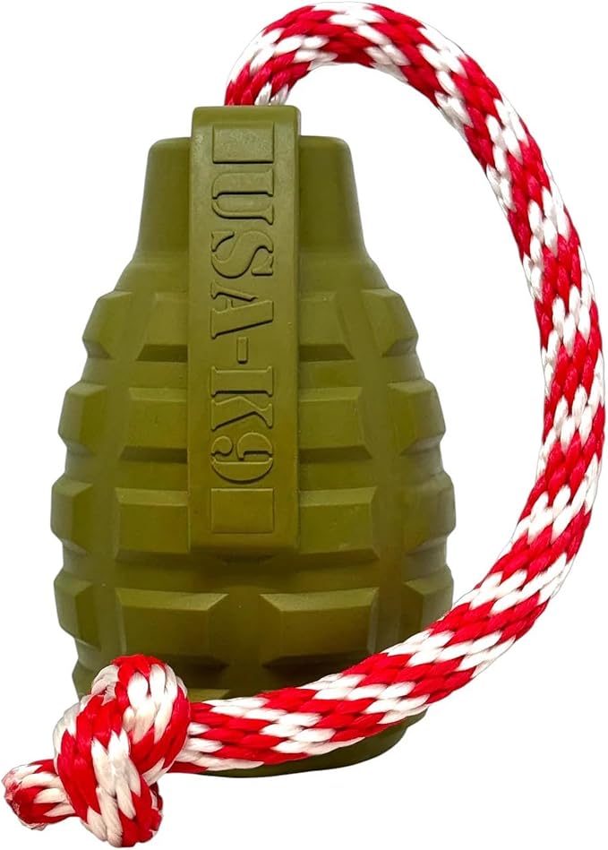 SodaPup USA-K9 Grenade – Durable Dog Tug Toy, Chew Toy & Treat Dispenser Made in USA from Non-Toxic, Pet-Safe, Food Safe Natural Rubber Material for Mental & Physical Stimulation, Bonding, & More