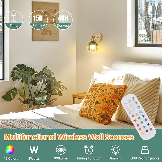 Shenmoyl Vintage Battery Operated Wall Sconce with Green Tulip Glass Lampshade Rechargeable Battery Powered Wall Light with Remote Control for Bedside Bedroom Doorway