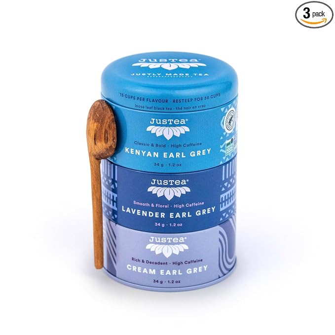 JusTea EARL GREY TEA TRIO | Stacking Tins Variety Pack with Hand Carved Tea Spoon | Loose Leaf Tea | High Caffeine | Fair Trade | Non-GMO