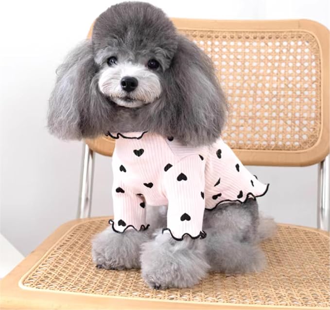 Pet Clothes for Small Dogs Cat Summer Fall Heart Print Shirt Stretchable Ruffle Long Sleeve Outfits for Chihuahua Schnauzer Shih Tzu Yorkie (Pink, Small)