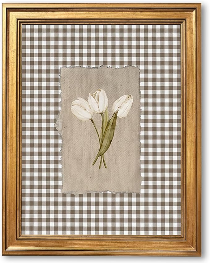 Gold Framed White Tulips Vintage Floral Wall Art Painting Brown Gingham Botanical Print Rustic Farmhouse Flower Picture Poster Neutral Cottagecore Canvas Artwork Aesthetic Country Home Decor 16x20inch