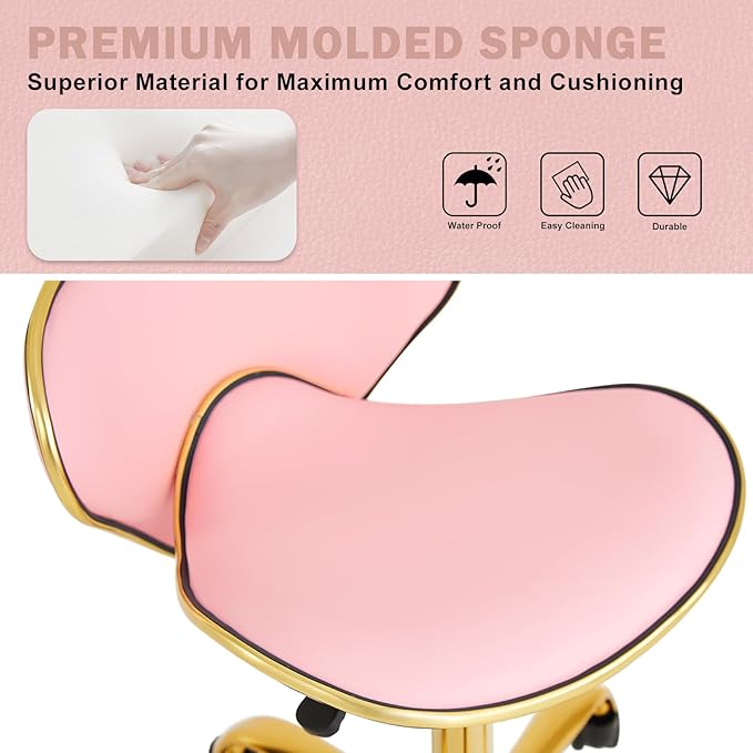 Rolling Stool with Back Support, Set of 2 Salon Stool with Wheels for Spa, Nail Tech and Hair Stylist, Height Adjustable Chair for Massage Beauty Makeup-Pink