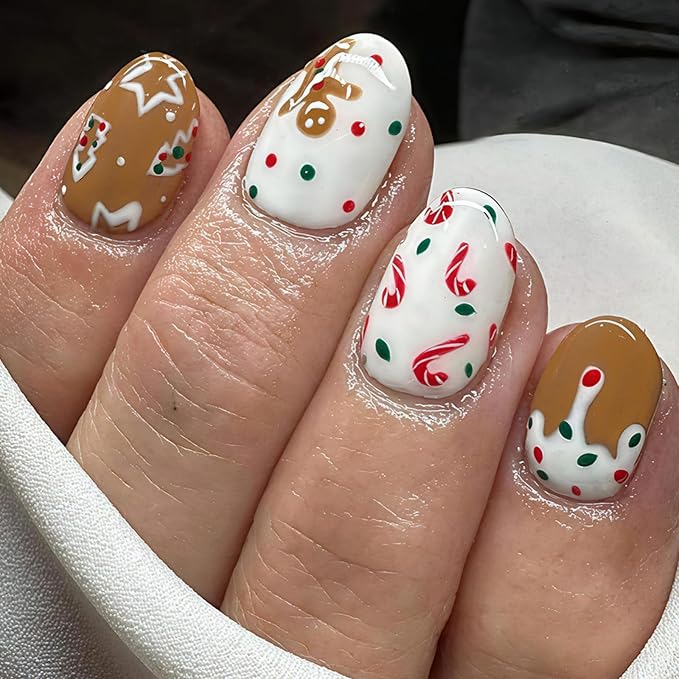 Christmas Press on Nails Gingerbread Man Glue on Nail Press ons with Candy Cane Design White Fake Nails Glossy Full Cover Artificial Acrylic Short Almond Stick on Nail for Women Xmas Manicure 24Pcs
