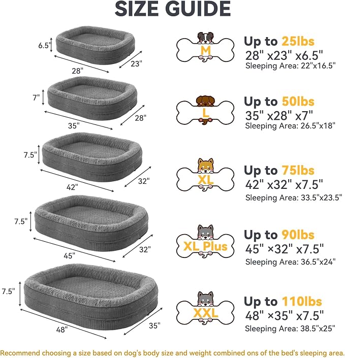 JOEJOY Orthopedic Dog Bed for Large Dogs, Egg-Crate Memory Foam Pet Bed with Bolster Sides, Waterproof Lining, Removable Washable Cover & Non-Slip Bottom, Grey