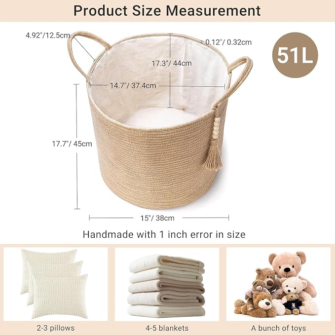 Mkono Woven Storage Basket for Blanket, Toys Plant Organizer, 15"W x 17.7"L | Brown, Jute, Decorative Basket with Handle, Wood Beads Tassel, Shoes Towel Clothes Storage Bin, Living Room Bedroom Nursery