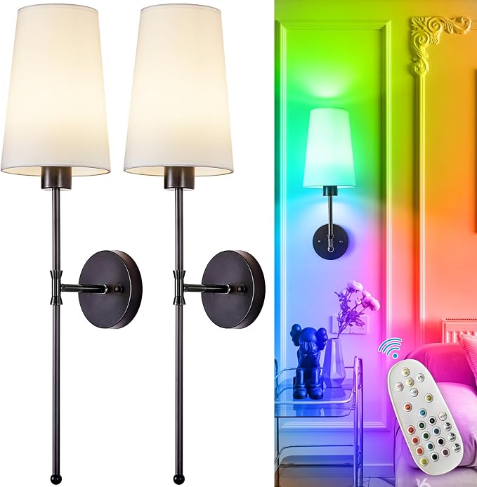 Depuley Battery Operated Wall Sconce: 27" Set of 2 Wireless Wall Lights with Remote for Bedroom - Rechargeable 15 Colors Black Wall Lamp for Living Room Hallway Decor