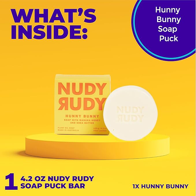 Nudy Rudy Hunny Bunny Soap Bar Puck, Made with Organic Shea Butter and Manuka Honey, Triple Milled Bar, No Harsh Ingredients, All Skin Types, 4.2 oz, Made in Australia