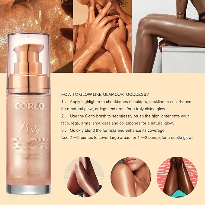 2 Pack Corlo Body Shimmer Oil Liquid Illuminator Highlighter Waterproof Long Lasting Moisturizing Bronze Luminizer Glow For Face Body (Rose Gold, 2pcs)