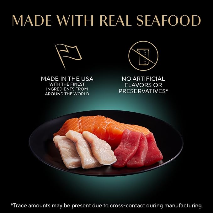 Sheba Perfect Portions Cuts Wet Cat Food, Seafood Pack, 2.6 oz, 24 ct | Sustainable salmon & tuna with tender trout, succulent cuts in gravy, no corn or soy, snap-peel-serve twin pack trays
