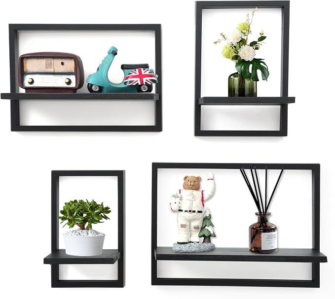 Floating Shelves for Wall,Decorative Wall Shelves Black,Plants Shelf Framed | Square Wall Decor,Art Sconces Artificial Vases Hanging Storage Shelf for Bathroom Living Room Elegant,Wood,Set of 4